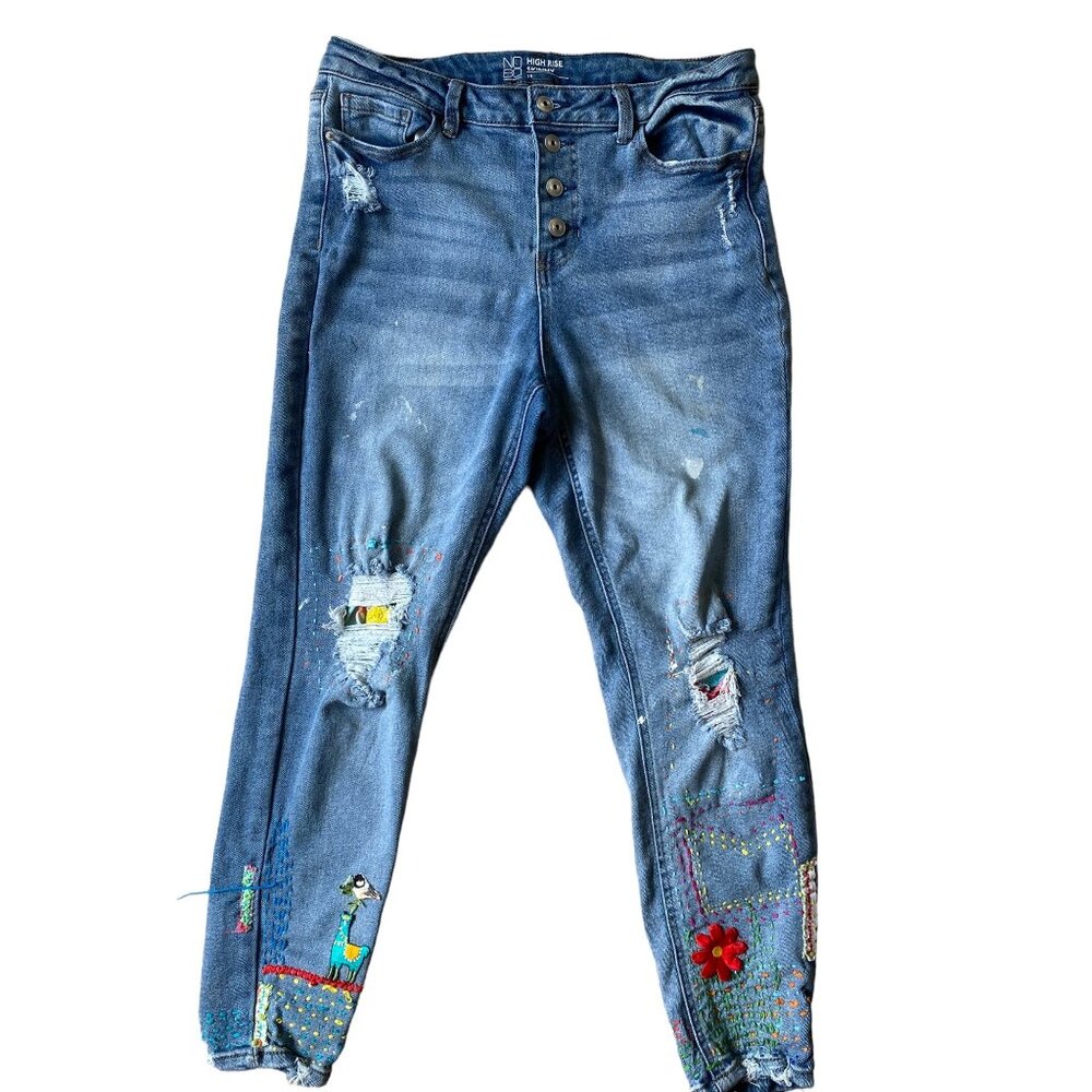 No Bo High Rise Skinny Jeans Womens JR 13 Button Fly Embroidered Patches Skater